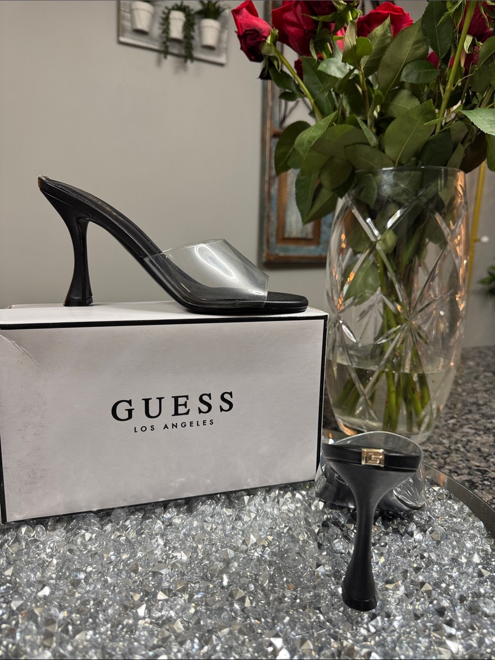 GUESS Hambree Black Heeled Mule with Clear PVC Strap NEW 6.5